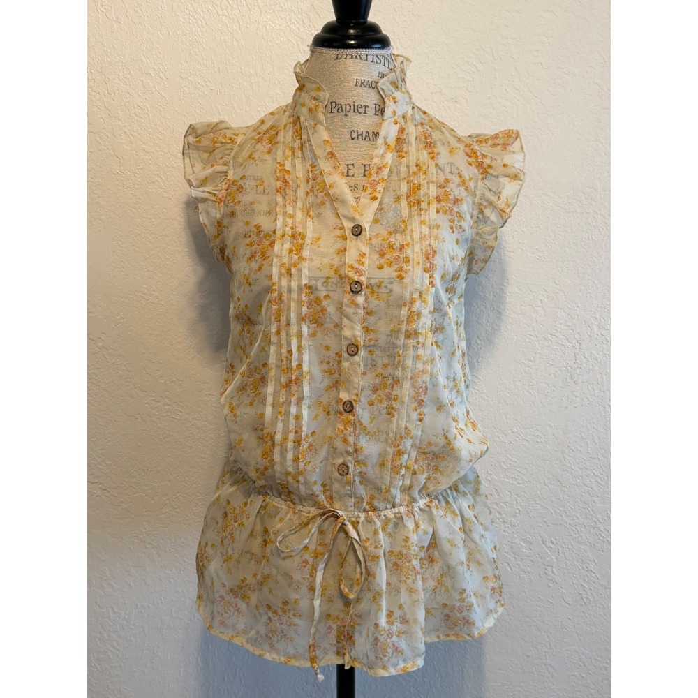 Edge Design by Mine Floral Ruffle Neck Flutter Sleeve Blouse Yellow Orange M
